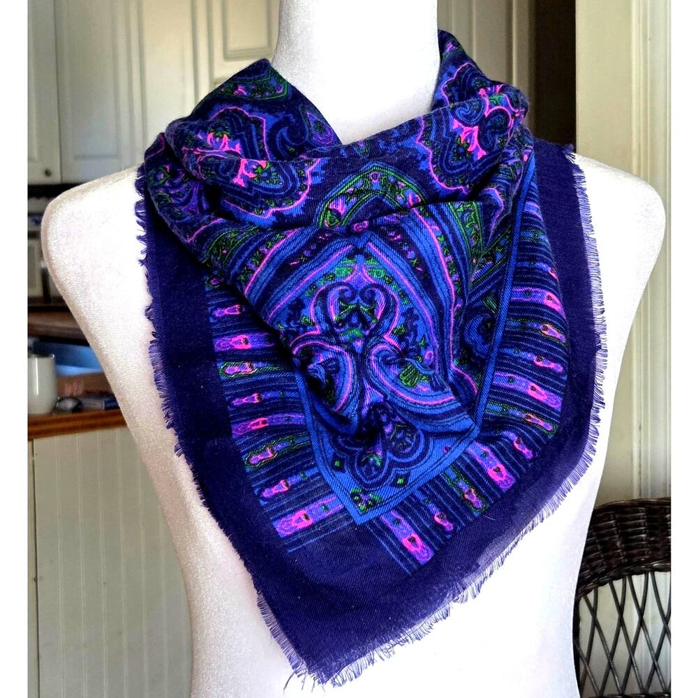 Vintage Boho Fringed Challis Scarf by Berkshire Navy Purple Fuchsia Batik